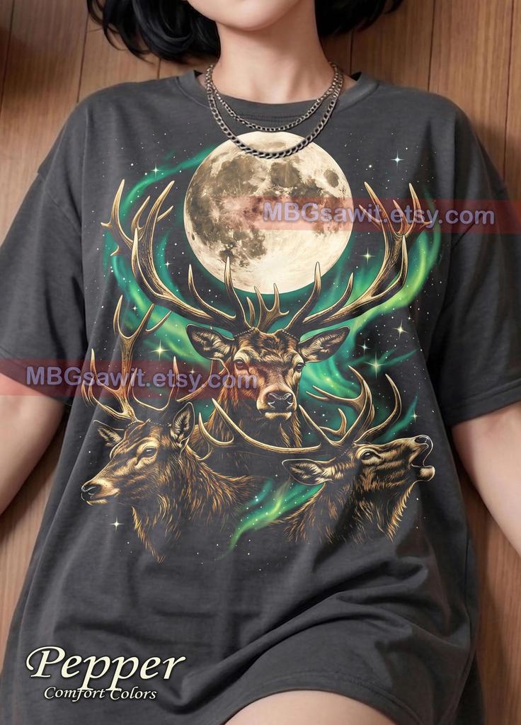 Deer Stag Full Moon Northern Lights Comfort Colors® Tshirt, Wildlife Nature Animal Lover Hunter Vintage Outdoors Graphic Tee