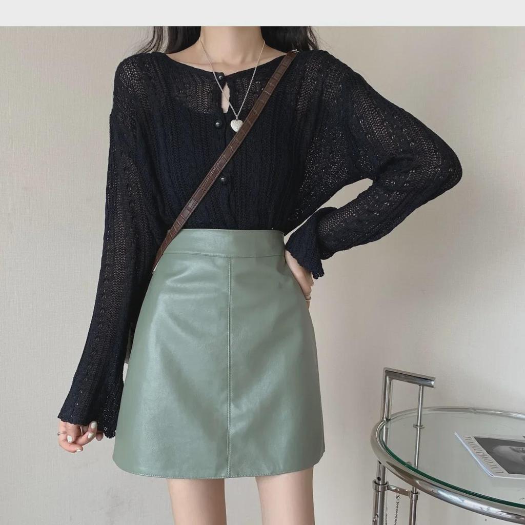 Green High-Waist A-Line PU Leather Skirt - Versatile Autumn/Winter Mini