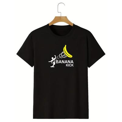 "Banana Kick" Graphic T-shirt, Men's Casual Solid Color Slightly Stretch Round Neck Tee For Spring Summer