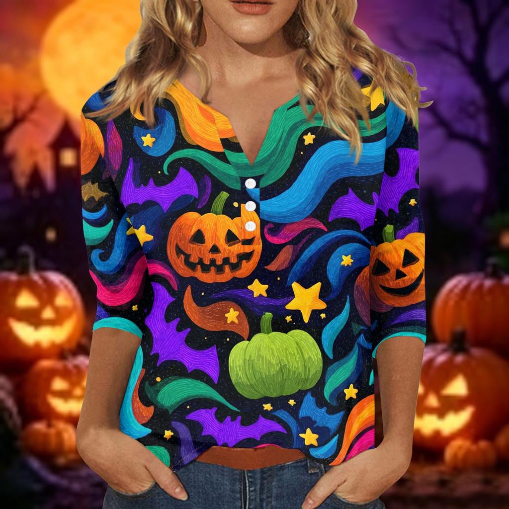 Women V Neck Three Quarter Sleeve Button Down Halloween Printed Casual T Shirt Top for Holiday and Daily Wear