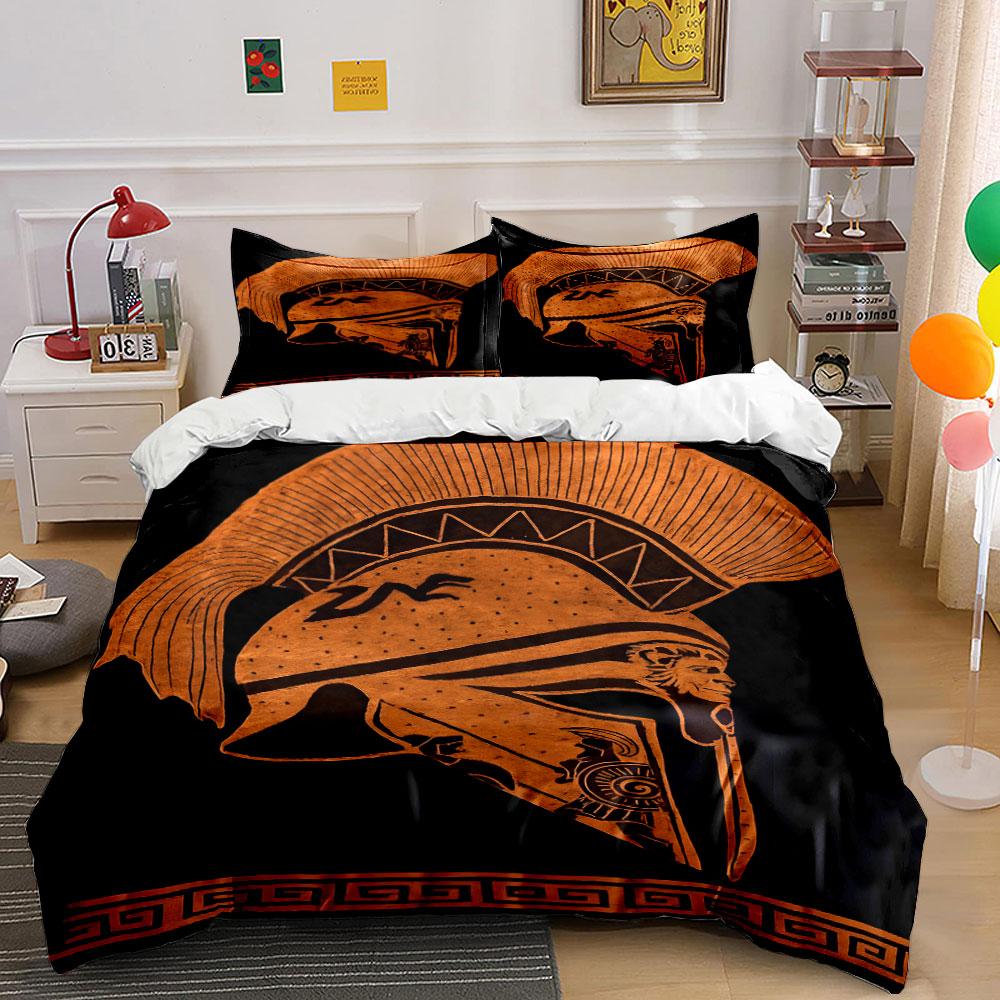 Ancient Greek Warrior Helmet Design Print Bedding Set Duvet Cover Pillowcases (1* Duvet Cover 2* Pillowcases Do Not Include Comforter)