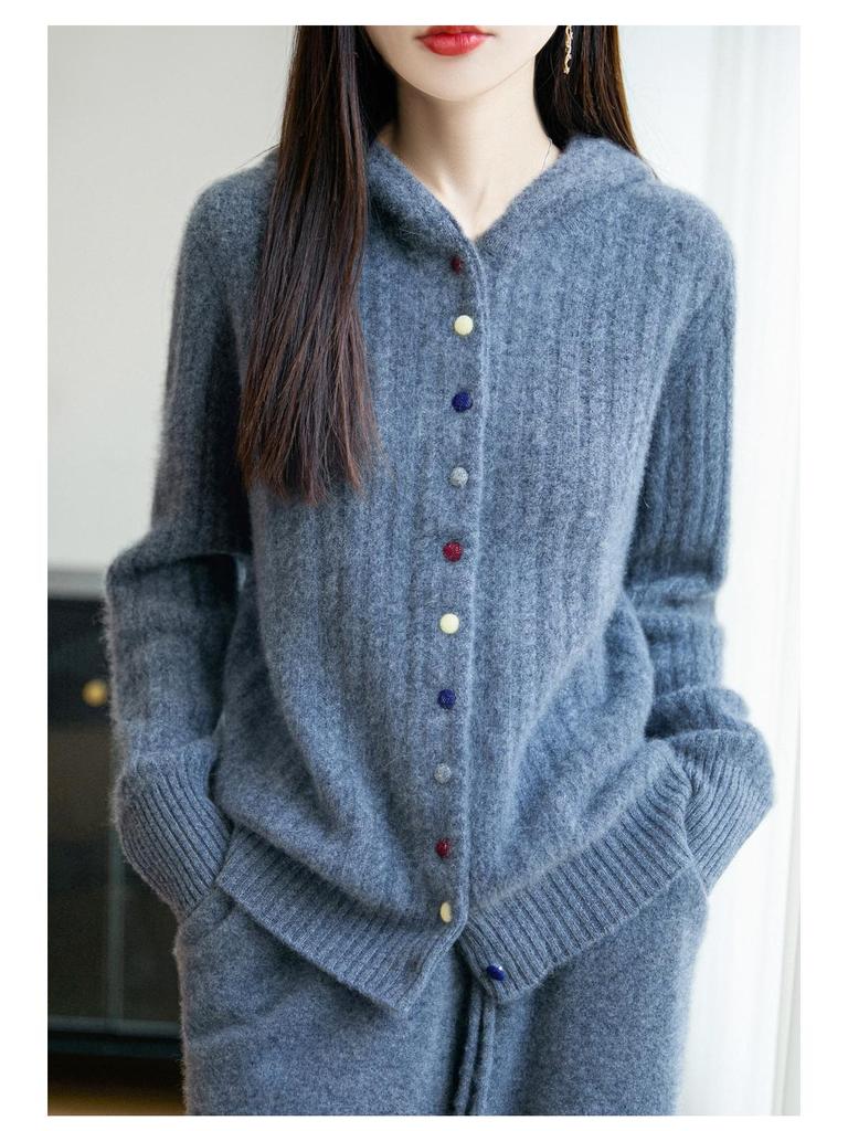 Damen Dicke Wolle Kapuzenstrickjacke - Herbst/Winter Locker gestrickter Pullovermantel