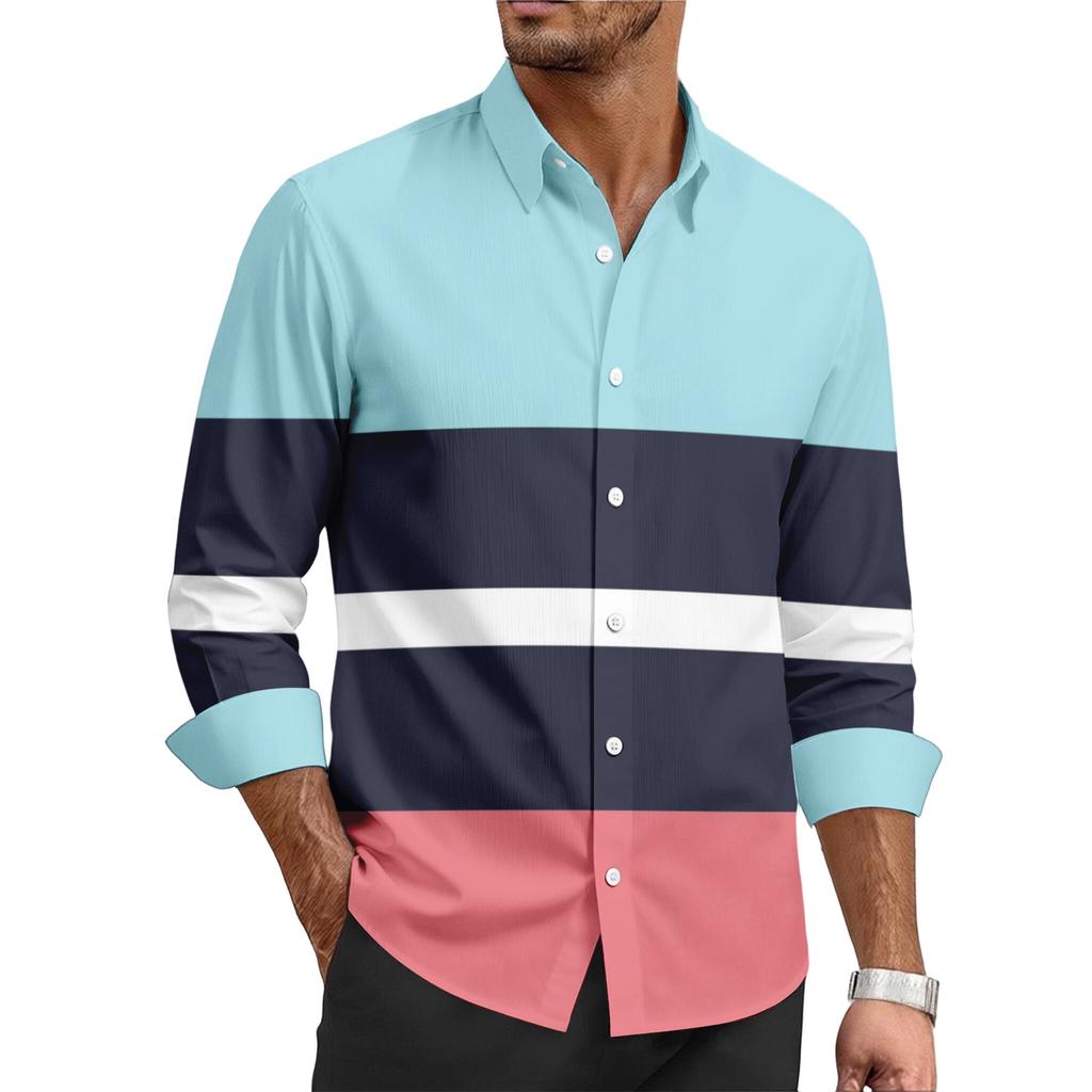 Men's Casual Stylish Striped Printed Shirt - Men's Lapel Buttoned Long-sleeved Shirt