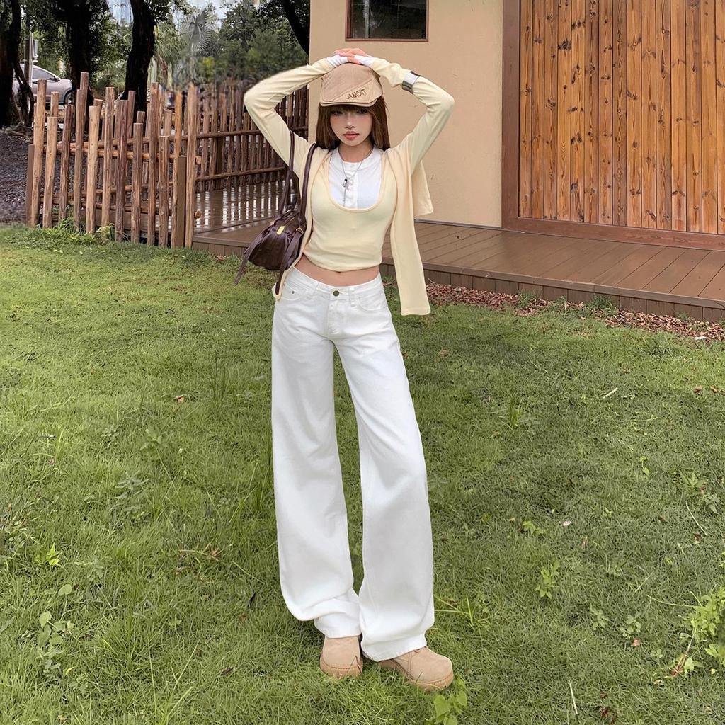 Women's Autumn 2025 White Retro Low-Waist Loose Straight-Leg Floor-Length Jeans