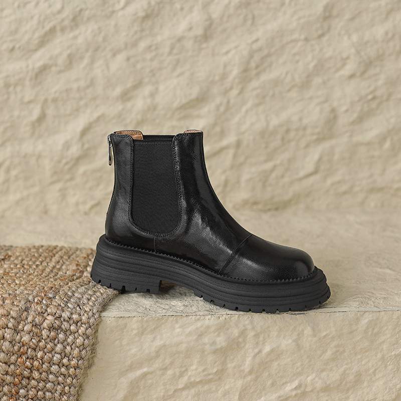 Krazing Pot Sheep Skin Round Toe Winter Med Heels Chelsea Boots Women Zipper Retro Fashion Platform Ankle Boots