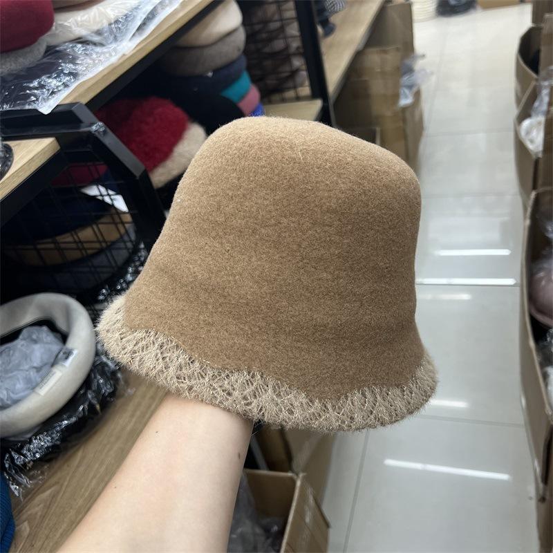 

Осенне-зимняя шерстяная модная дизайнерская панама женская с кружевной отделкой, высококачественная текстура, шляпа-ведро, простая шляпа для лица, тренд M（56-58cm）