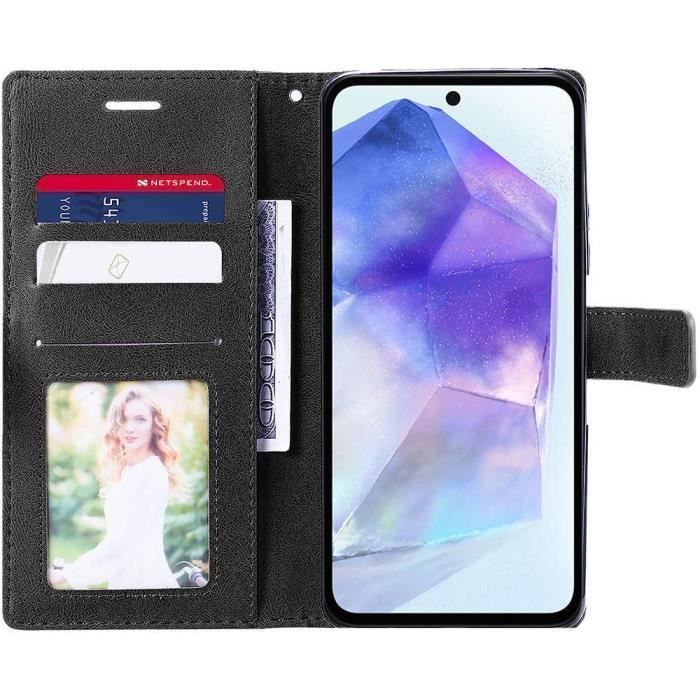 Coque de protection - BOOLING - pour Samsung Galaxy A55 5G - Noir Marron - Avec porte-cartes - 2 Verres trempés