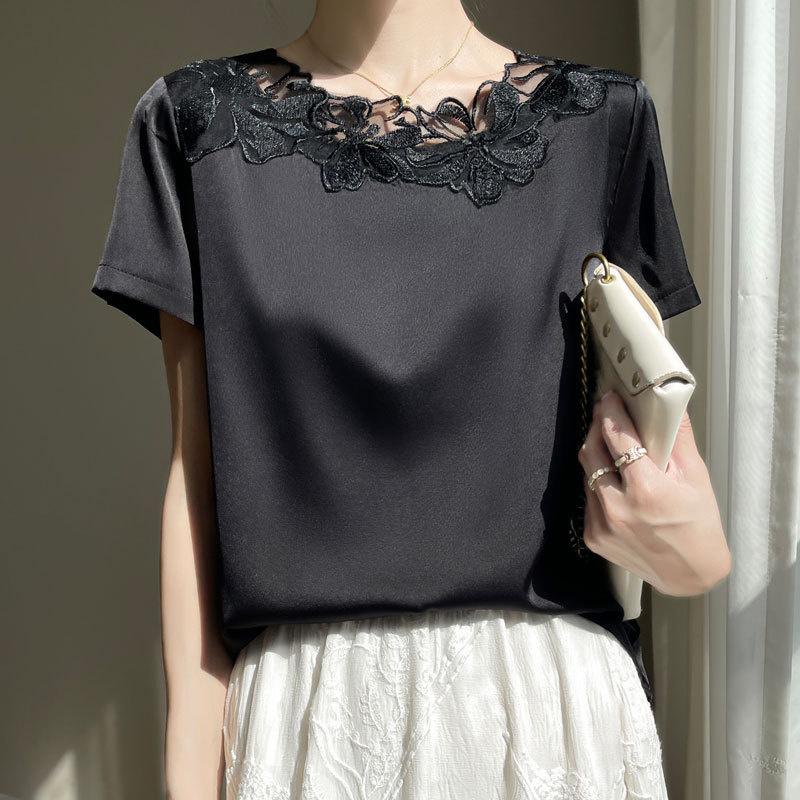 Summer new floral mesh short-sleeve casual T-shirt for women, fashionable top