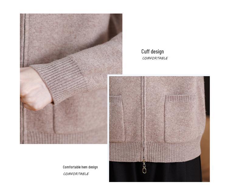 100% Pure Wool Women's Zipper Stand Collar Sweater Coat for Spring and Autumn/Winter Warmth, Ideal for Mid-Aged and Elderly