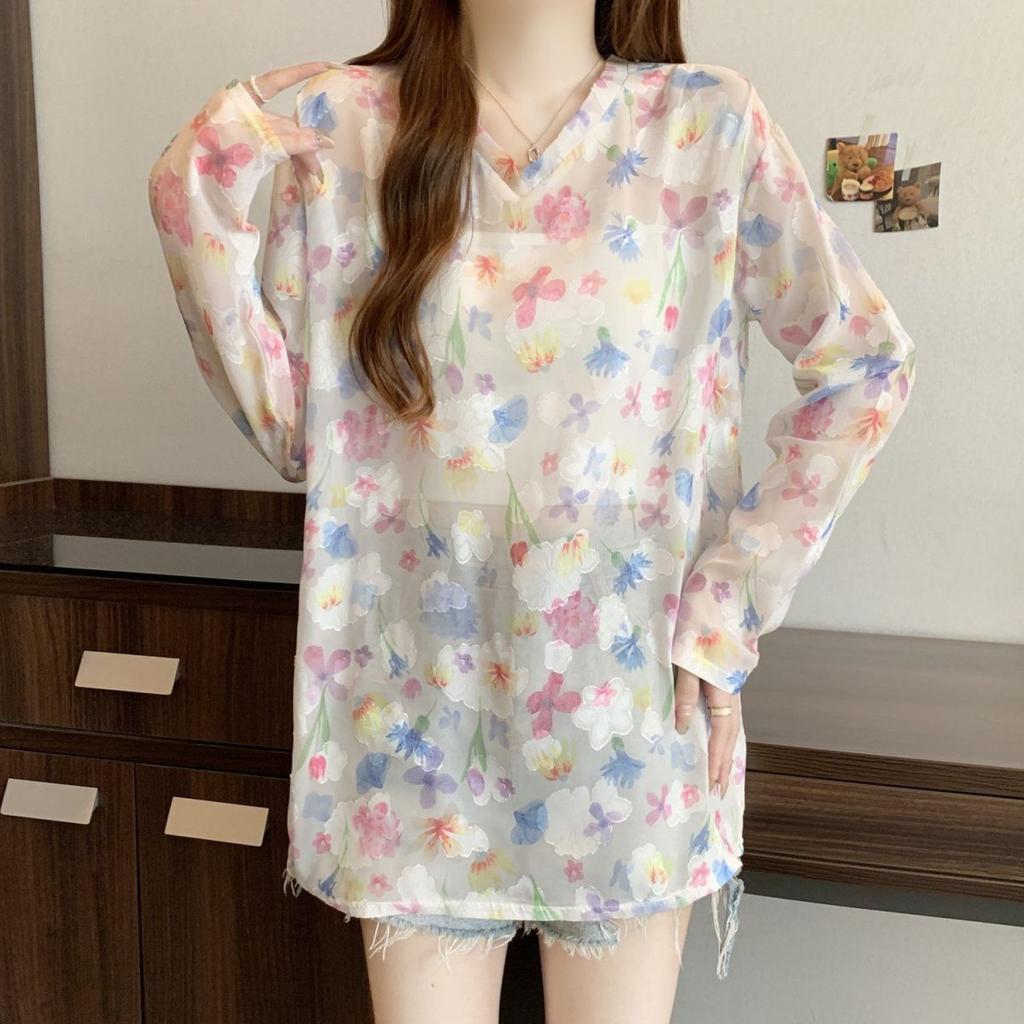Summer Thin Dopamine Long-Sleeve Sun-Protective Chiffon Blouse Plus-Size Women's Loose Cover-Up Top