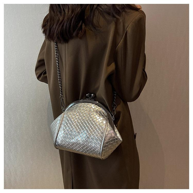 

Модная сумка на клипсе из искусственной кожи для женщин, новая тканая сумка на цепочке, текстурированная сумка через плечо в стиле ретро, ​​женская сумка через плечо, дорожная сумка серебряный