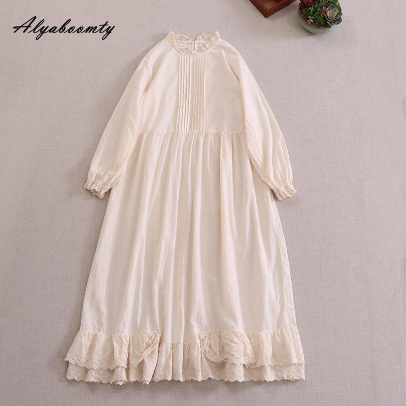 Japanese Mori Girl Spring Autumn Women Baggy Dress Ruffled Collar Cotton Oversized Dress Long Sleeve Brief Basic Ladies' Embroidery Dress