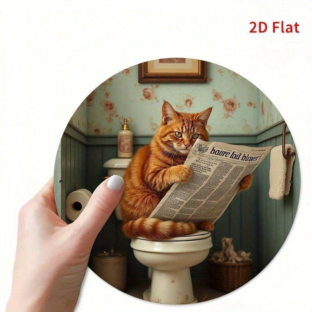 1pc 2D Round Aluminum Metal Sign Cat Reading Retro Wall Decor Humorous Bathroom Toilet Ornament Gift