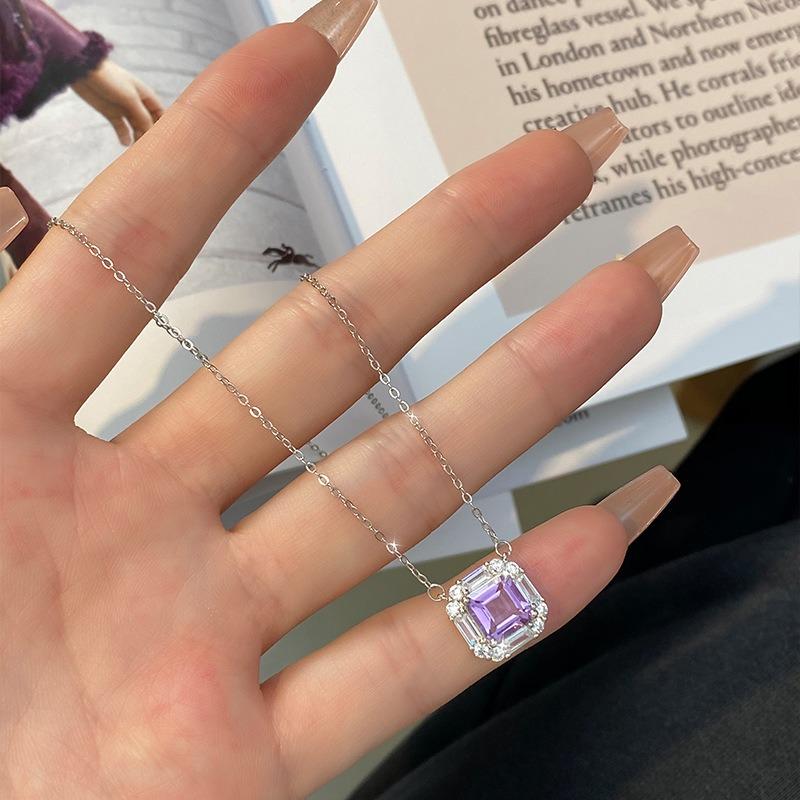 S925 Silver Necklace with Natural Amethyst/Citrine Pendant, Clear Crystal Choker for Women