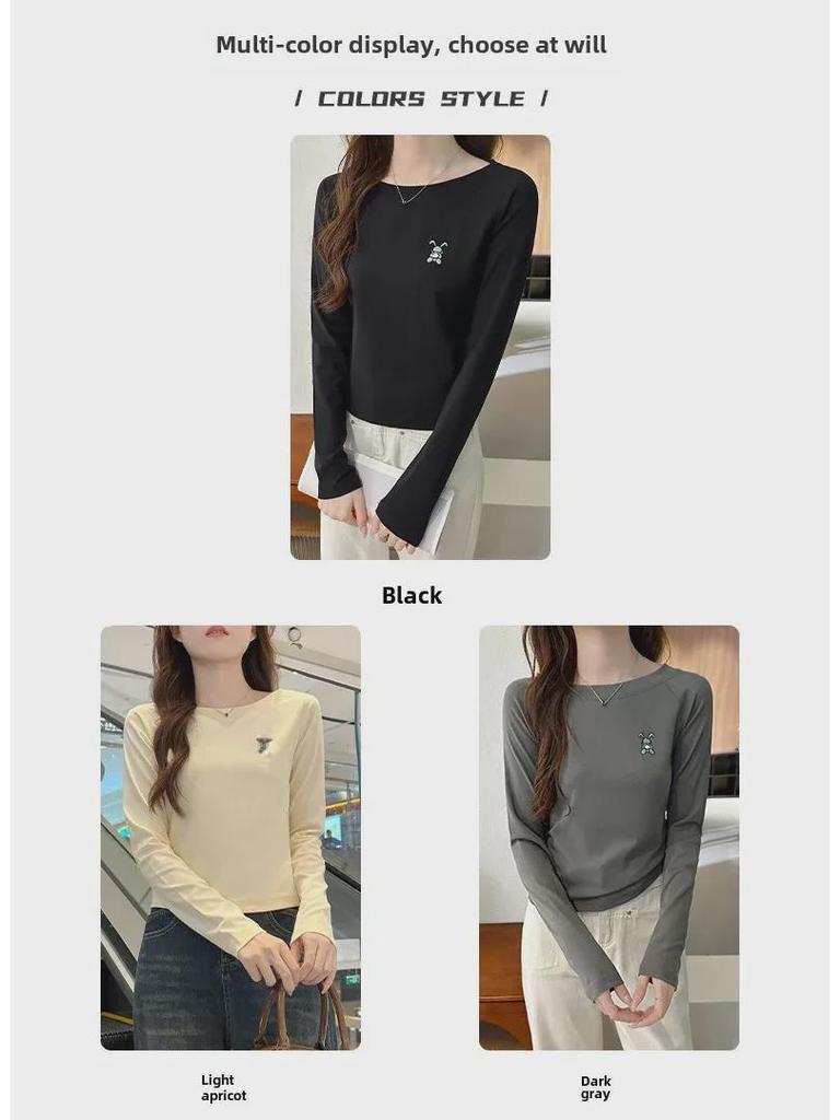 Damen 2024 Herbst Slim Fit Baumwolle Langarm Rundhals Besticktes Oberteil