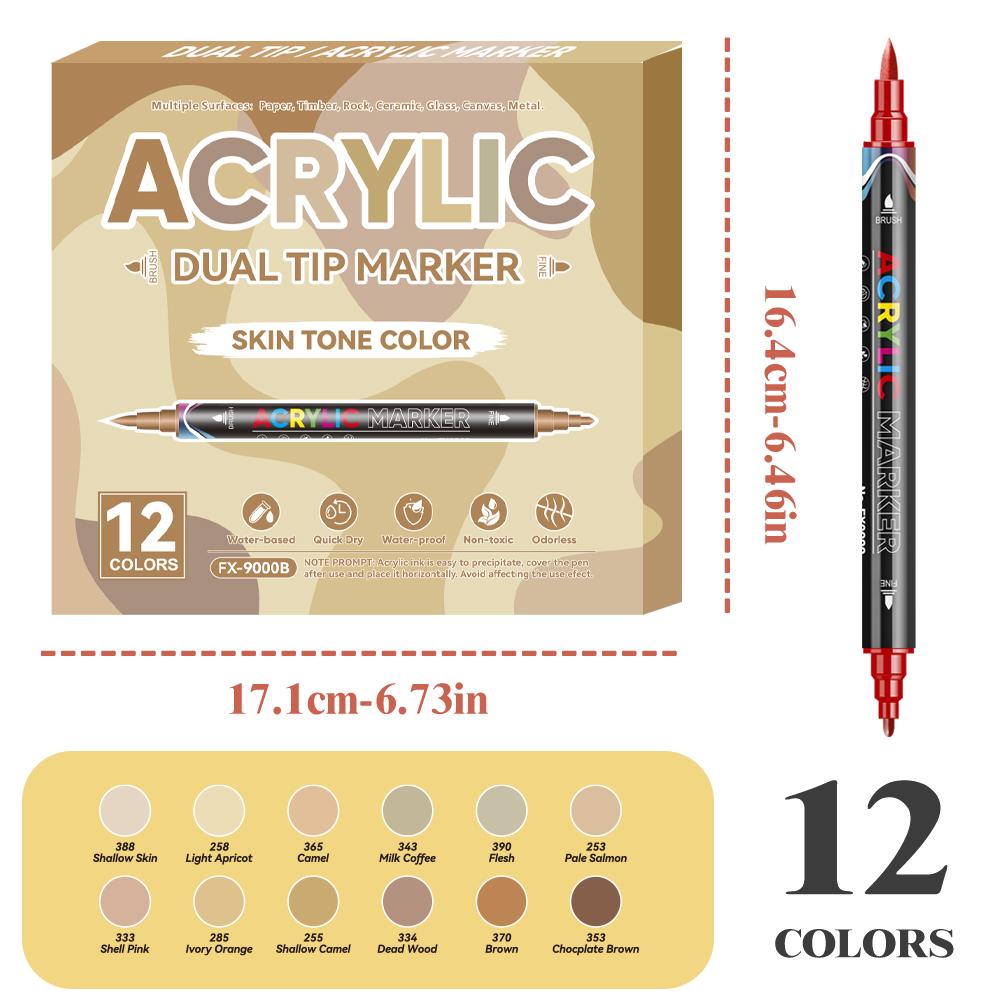 Premium  Direct Liquid Dual Tip Acrylic Marker 12 Colors Brush Soft&Fine Tip Marker Art Painting Pen For Rock Graffiti