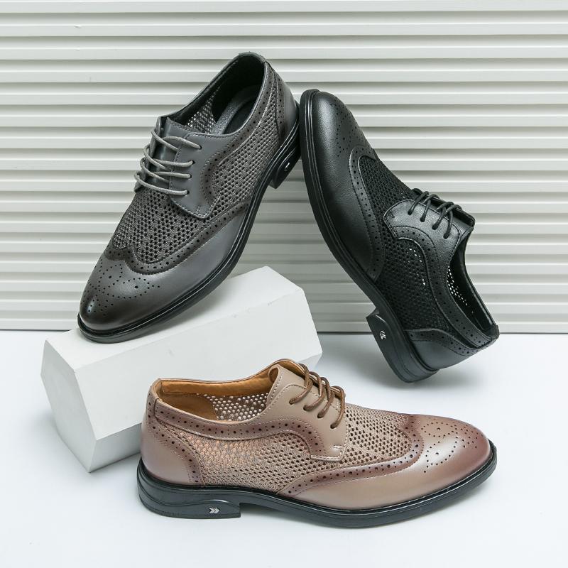 Summer Men Business Dress Shoes Pointed Mesh Breathable Casual Leather Shoes Lace Up Business Block Shoes Sizes 38-46 Men Shoes