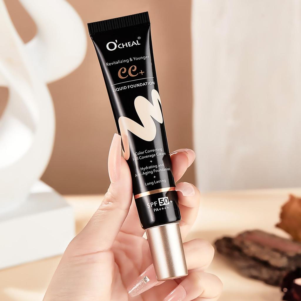 Ocheal 30g Crema Solare BB/CC SPF 50/PA+++ Crema Fondotinta Liquida per Viso Anti-Età Lunga Durata Copertura Totale Crema Cipria