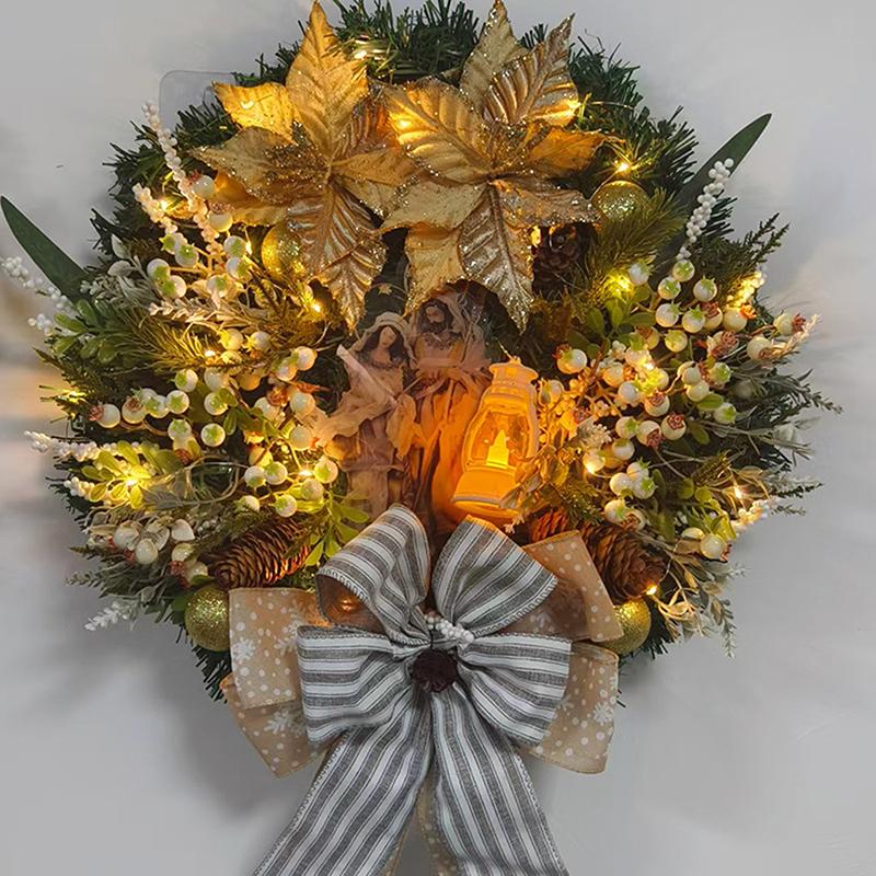 Large Artificial Lighted Christmas Wreath With Bow Ribbon Xmas Ball For Front Door Decor