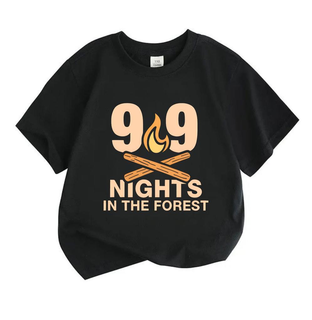 Kids Boys Girls 100% Cotton Crew Neck Short Sleeve T-Shirt, 99 Nights In The Forest Campfire Print Casual Soft Tee for Camping Trip Daily Wear
