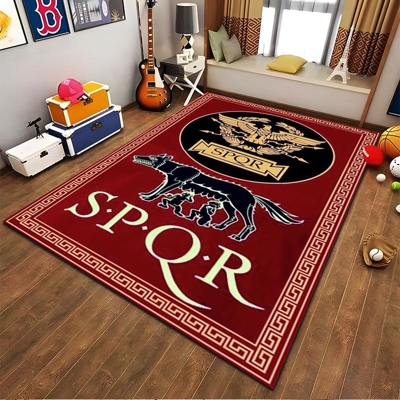Roman-Inspired SPQR Carpet with Eagle and Wolf, Red Gold Pattern Design Suitable for use as an anti-slip for living room bedroom sofas