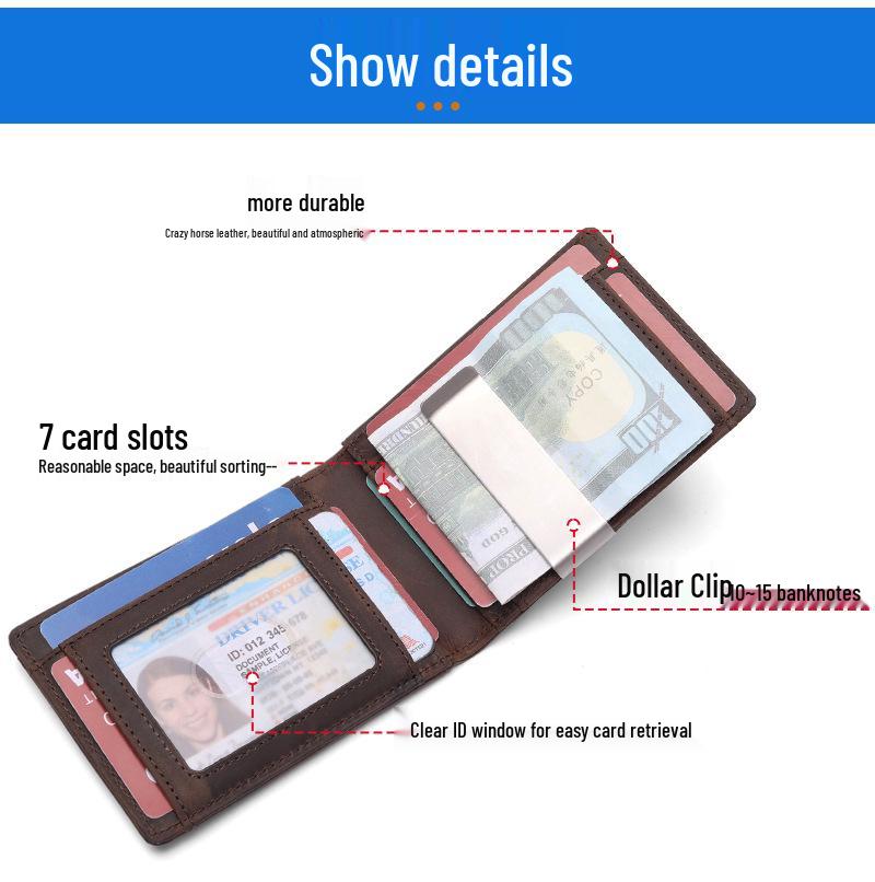 Crazy Horse Leather Men's RFID Wallet with AirTag Holder, Money Clip, Multi-Card Slots, and Anti-Theft Protection.