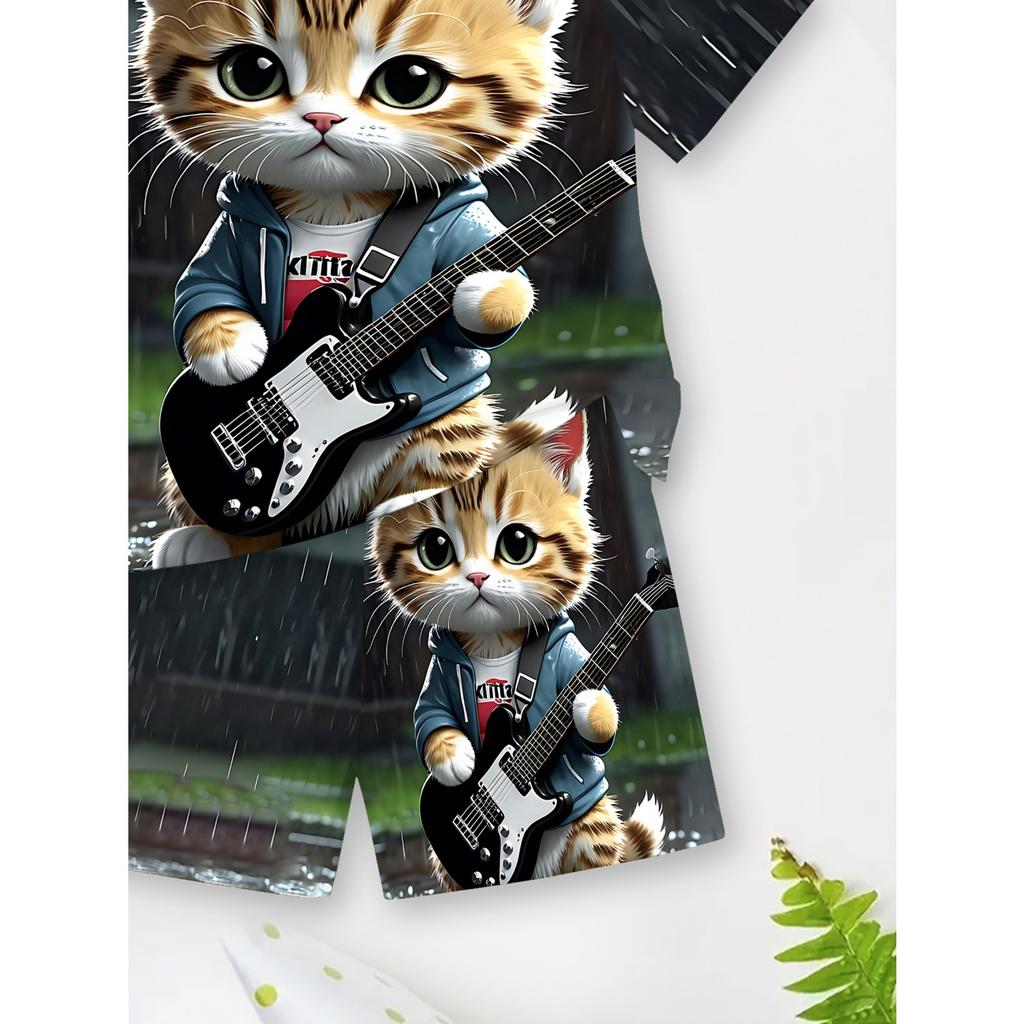 2-piece boys' shorts+T-shirt set - daily comfort style, cartoon pattern 3D guitar cat print round neck short sleeved and shorts summer set