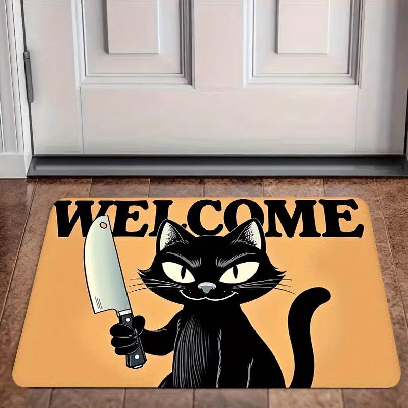 

Black Kitten with A Knife Pattern Doormat Washable Farmhouse Style Mat, Durable Polyester Material, Indoor/Outdoor Use 40x60cm