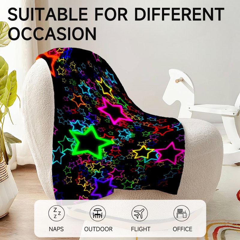 colorful star-patterned flannel blanket, perfect for sofa, bed, office. Ideal gift for family, friends, and holidays.