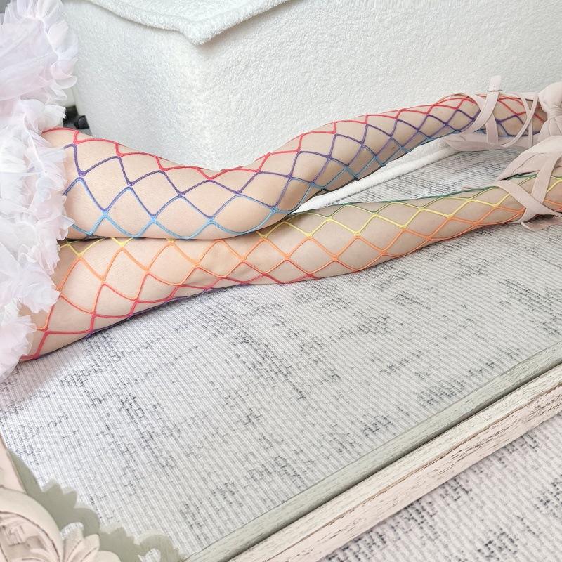 Rainbow Fishing Net Pantyhose Fishing Net Socks Large Dot Drill Women Hollow Bottom Socks With Drill Color Mesh Socks