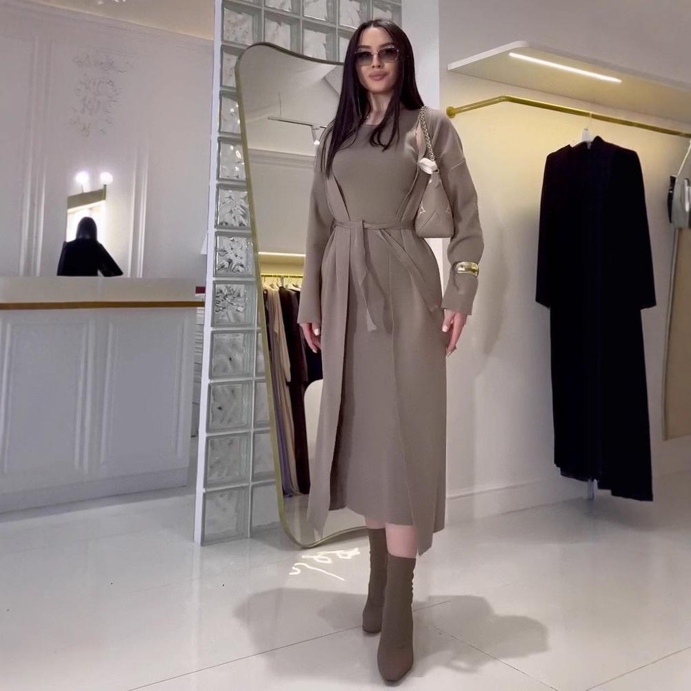 2025 Fall Women's Elegant Round Neck Long-Sleeved Knit Dress & Trench Coat Set