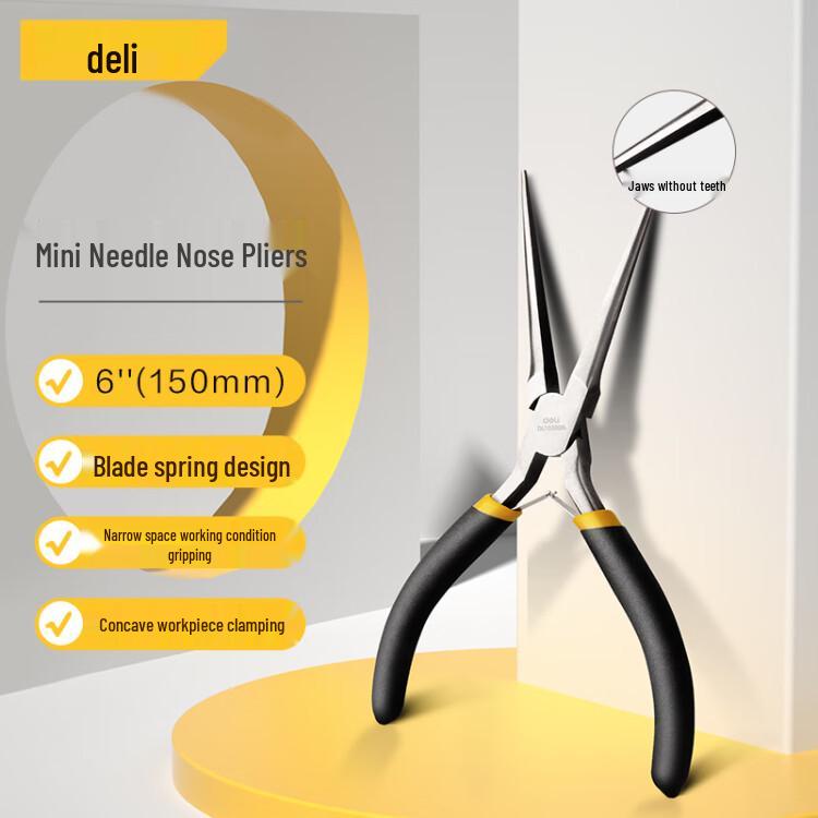 Deli High Carbon Steel Mini Needle-Nose Pliers with Plastic Handle - Needle-Pointed Long-Nose Electronic Pliers DL103006