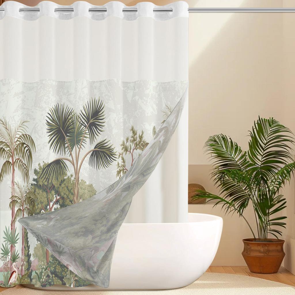 No Hook Plant Pattern Shower Curtain With Snap-in Fabric Liner, Sheer Top Window, Waterproof Double Layer Bathtub Curtain