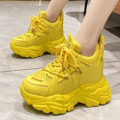 Autumn High Platform Sneakers for Women Yellow Chunky Shoes Thick Sole Casual Shoes Wedge High Heel Sneakers for Women Sneakers