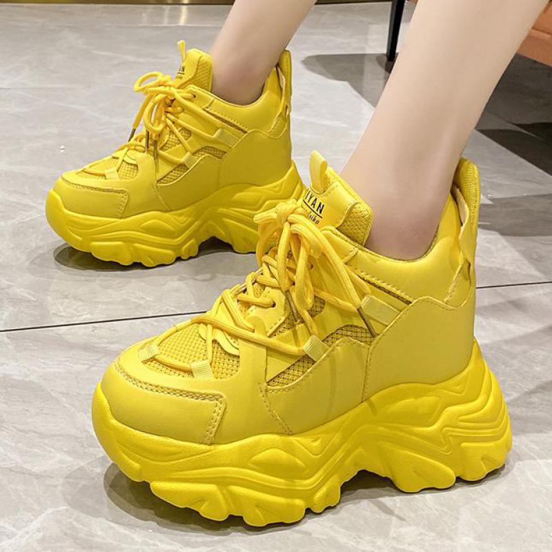 Shufl Women's Yellow Autumn High Platform Sneakers For Chunky Shoes Thick Sole Casual Shoes Wedge High Heel Sneakers For Sneakers Cm