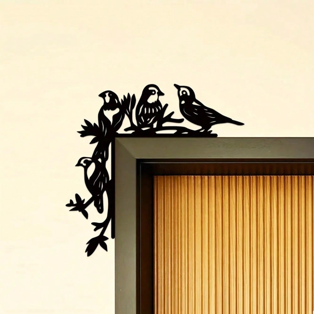 Metal Bird Wall Decor, Black Plant Corner Art, Iron Craft Door Frame Ornament, Housewarming Gift
