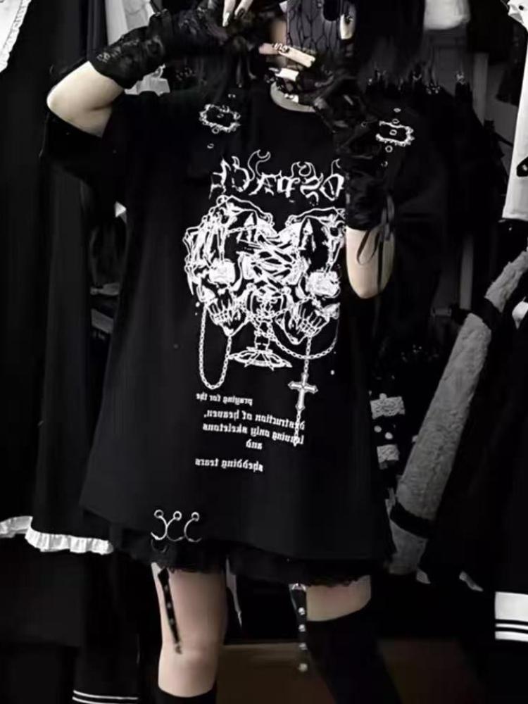 Punk Gothic Printed T-shirts Women Subculture Y2k Tees Elegant Retro T Shirt Black Casual Clothes 2026 Spring Vintage Tees