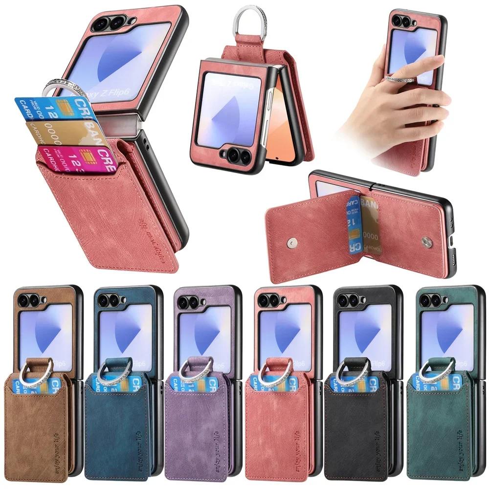 Retro Leather Wallet Phone Case with Ring Bracket for Samsung Galaxy Z Flip 7 Fe 6 5 4 3 Flip6 Flip5 Flip4 5G Cover Card Holder