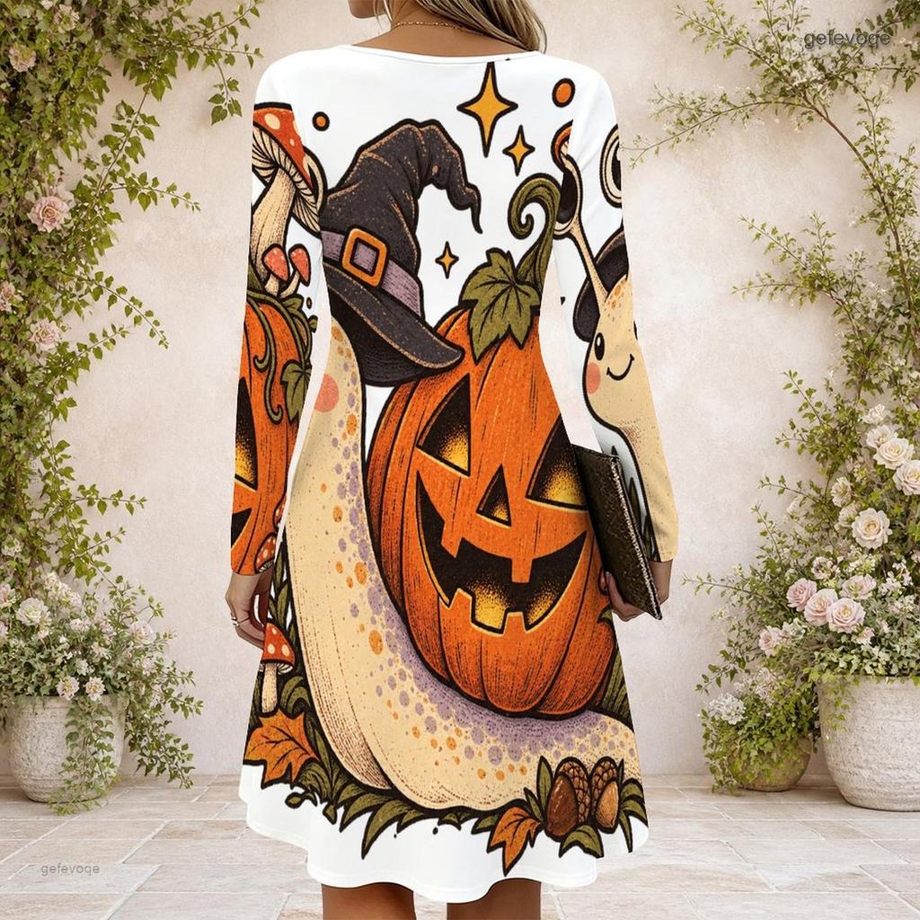 Women Criss Cross V Neck Long Sleeve Fitted Curved Hem Cartoon Bear Pumpkin Printed Dress
