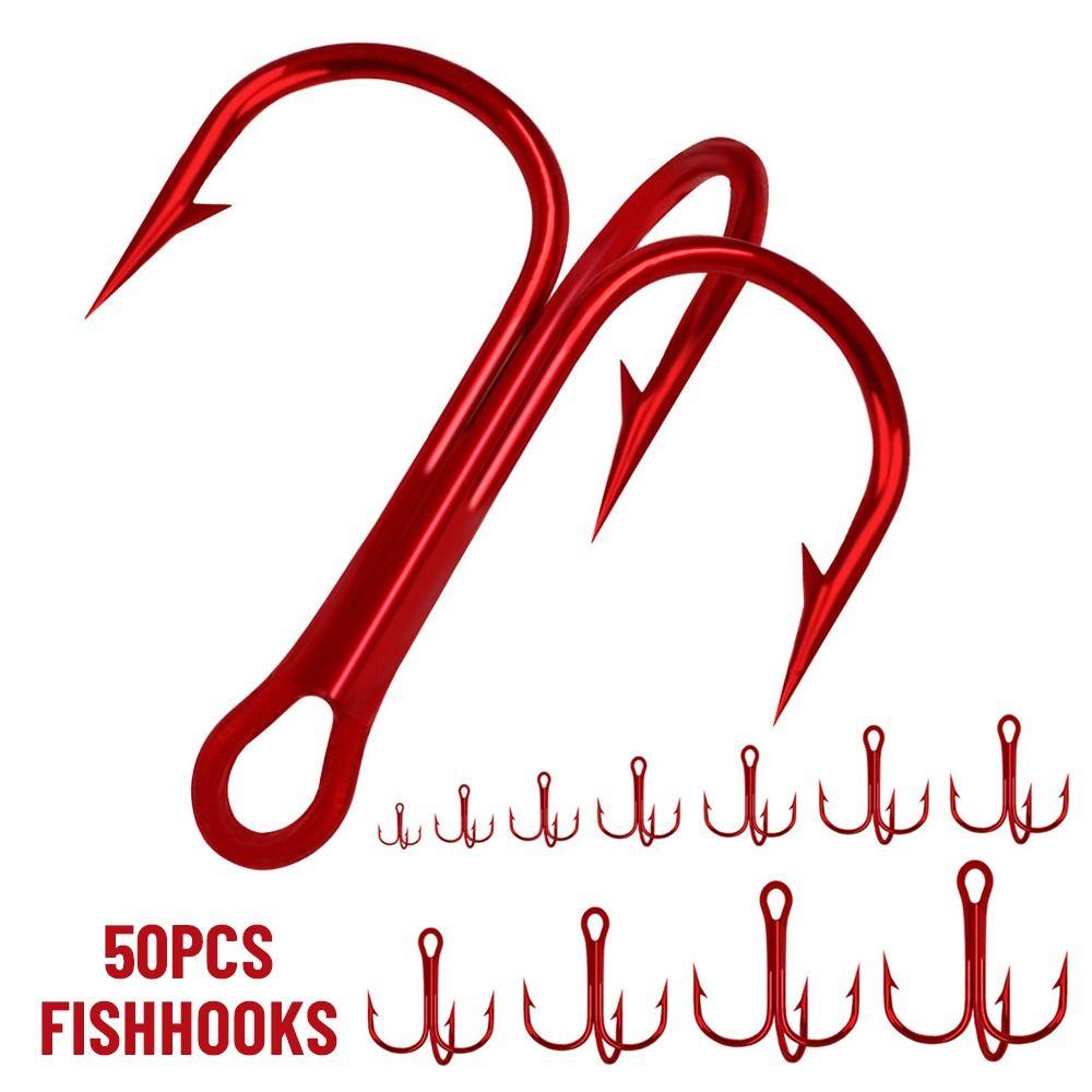 

50Pcs Ahite Nickel Lure Barbed Hooks Treble Jig Red Fishhooks Fishing Tackle High Carbon Steel