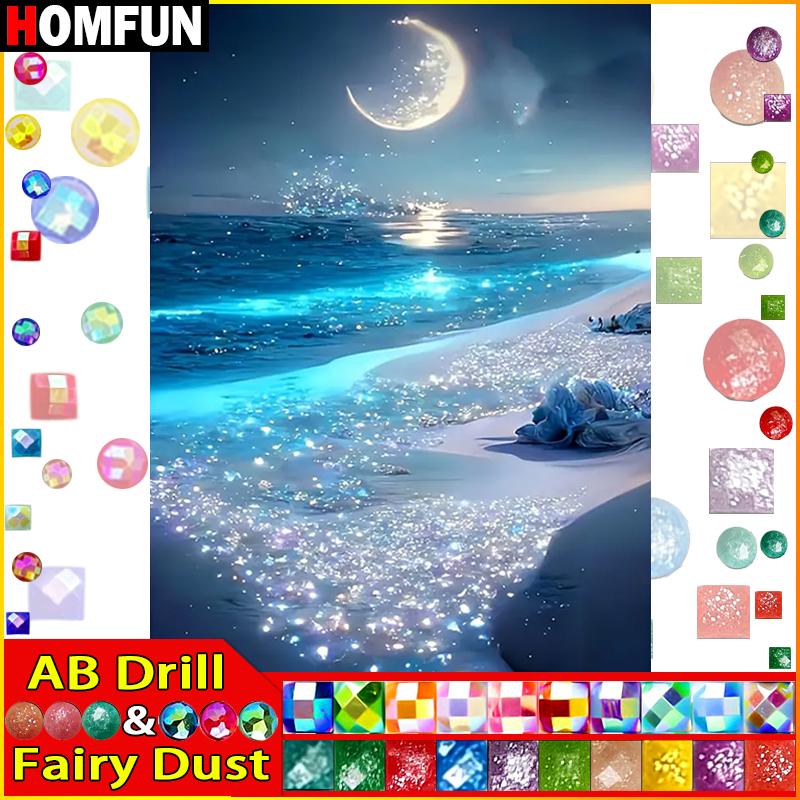 Fairy Dust AB Rhinestone Painting Crystal Decor Diy Diamond Painting "Scenery Beach Moon" 3D Pattern Diamond Embroidery