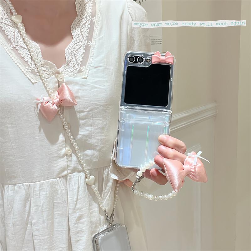For Samsung Galaxy Z Flip 5 4 3 Z Flip5 ZFlip 5 ZFlip5 Case 3D Pink Bow Crossbody Chain Shockproof Cover With Bracelet