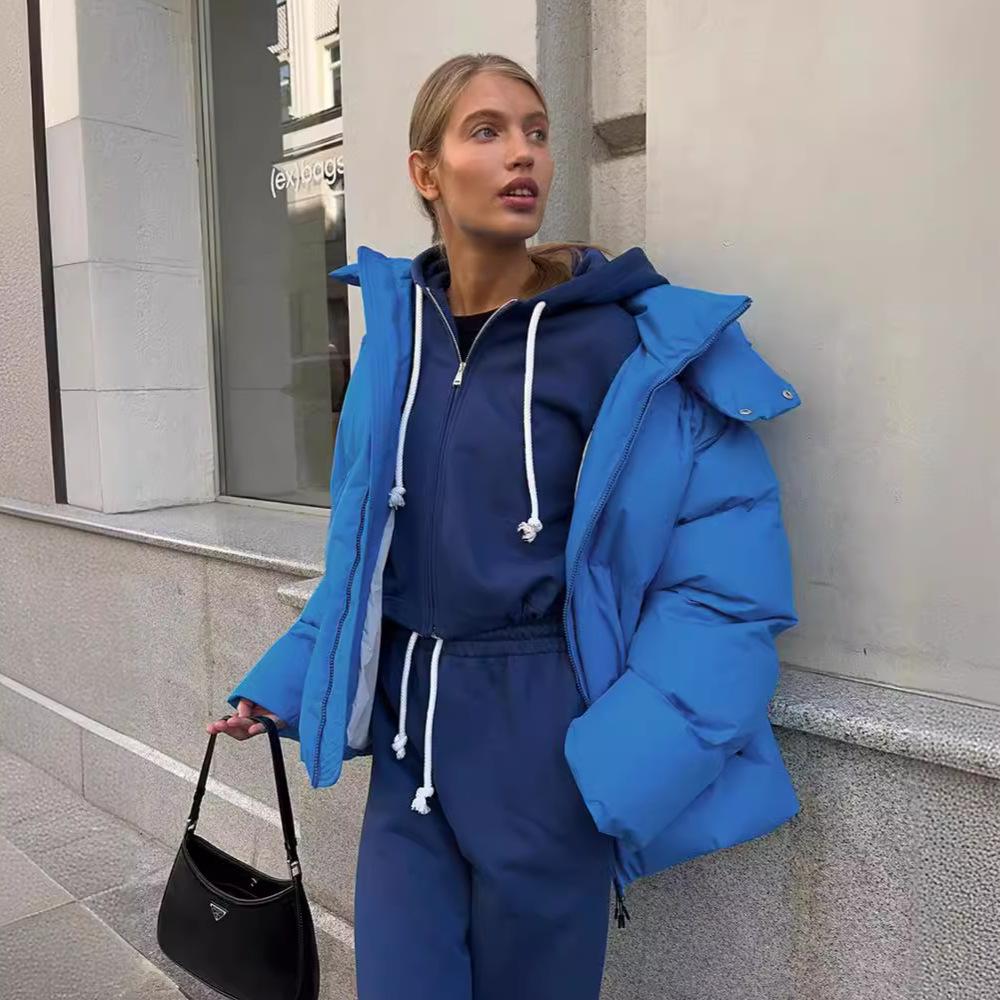 Casual Women Thicken Hooded Down Cotton Jacket Fashion Long Sleeve Lapel Snow Coat Lady Winter Chic Daily Warm Commute Wear