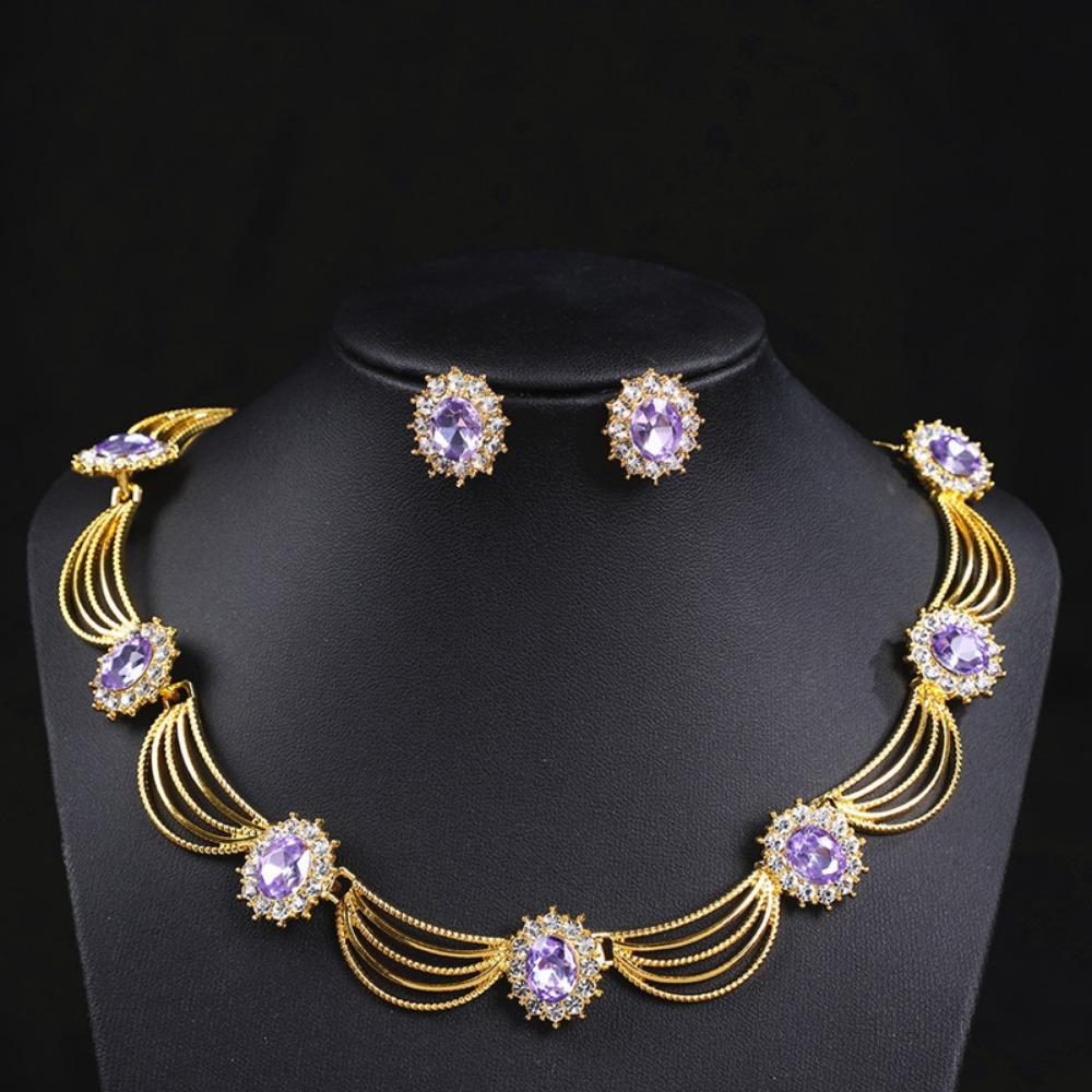 Gold-Tone Gemstone Necklace Set Geometric Statement Jewelry Set Earring Matching Set  Women
