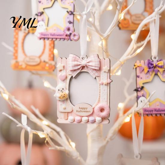Family Keepsake Frame Mini Halloween Picture Frame, Small Cute Ghost Pumpkin Photo Ornament, Lightweight Wooden Decorative Postcard Holder for