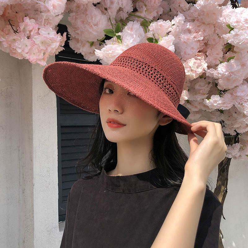 New Knitted Empty Top Hat Female Summer Sunscreen Bow Big Hat Straw Hat Outdoor Sun Hat
