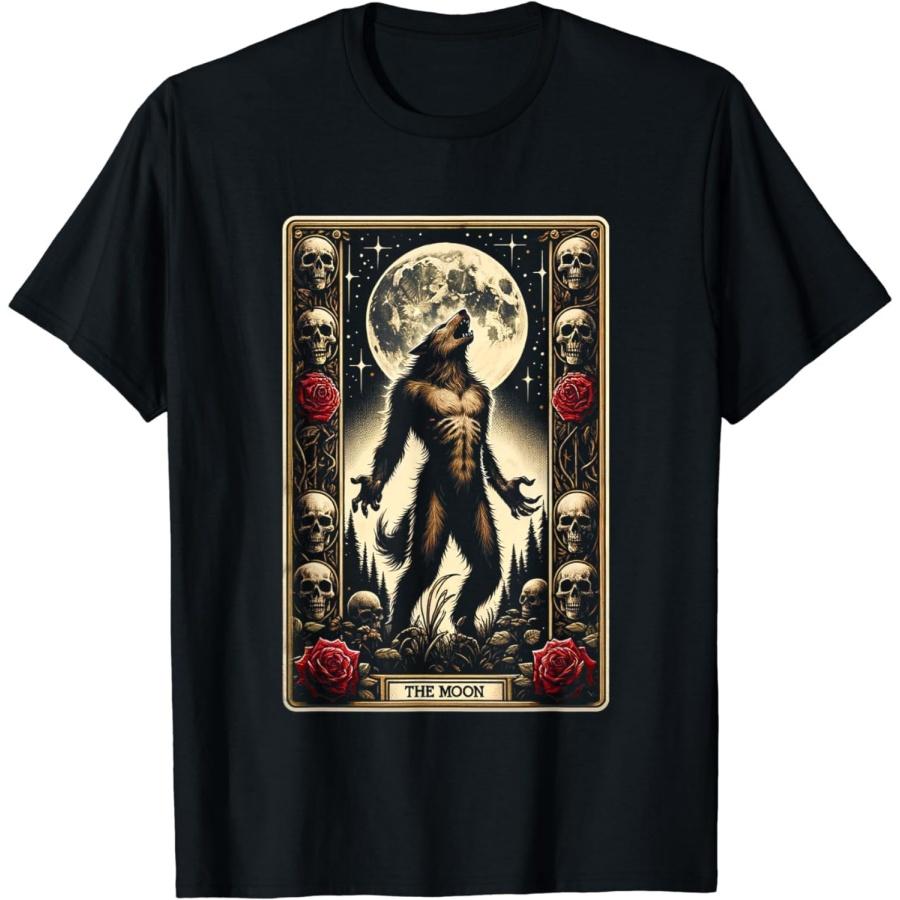 ZHANGZHUNN Classic Funny Werewolf with The Moon Aesthetic Monsters Card T-Shirt S