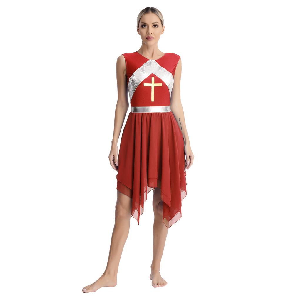 Womens Liturgical Dance Dress Metallic Shiny Cross Sequins Sleeveless Color Block Patchwork Irregular Hem Performance Gown