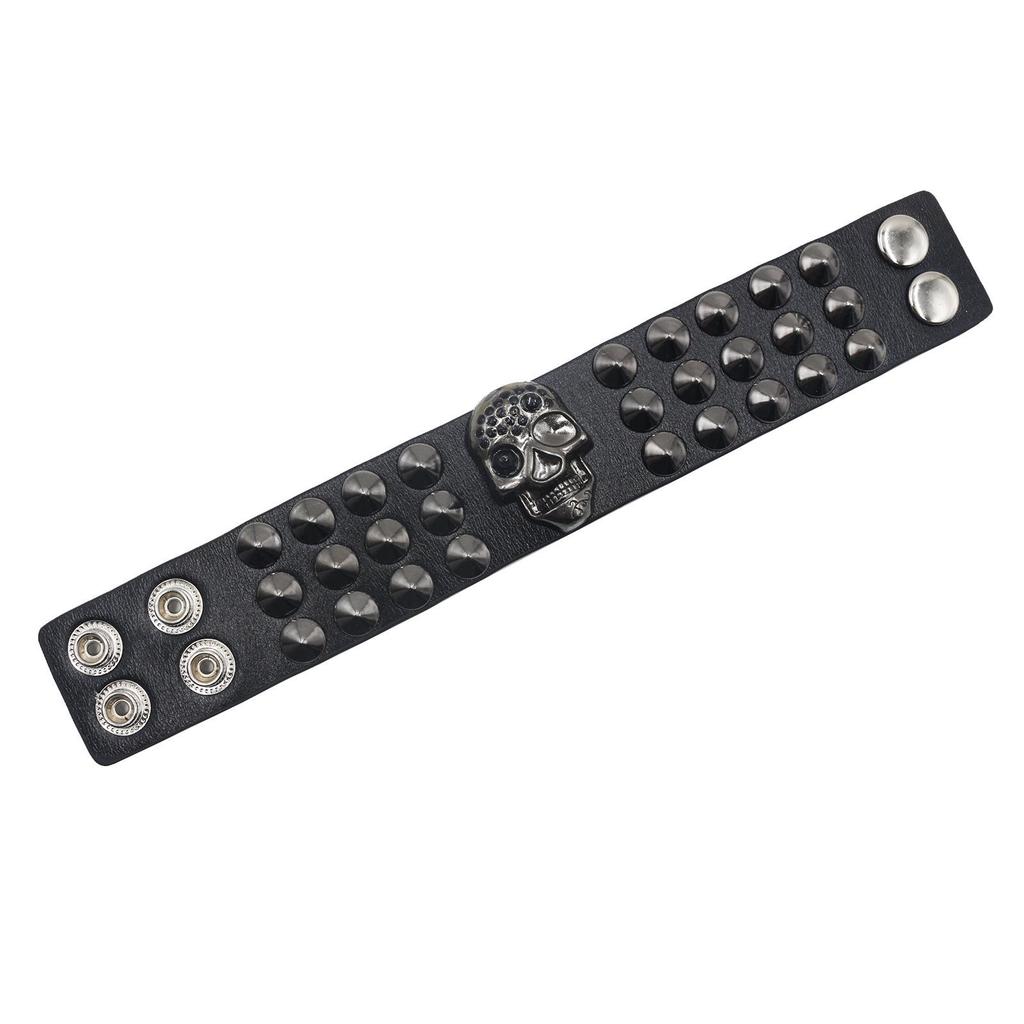 Skull Rivet Punk Leather Bracelet - Edgy Street Dance Rap Wristband Accessory