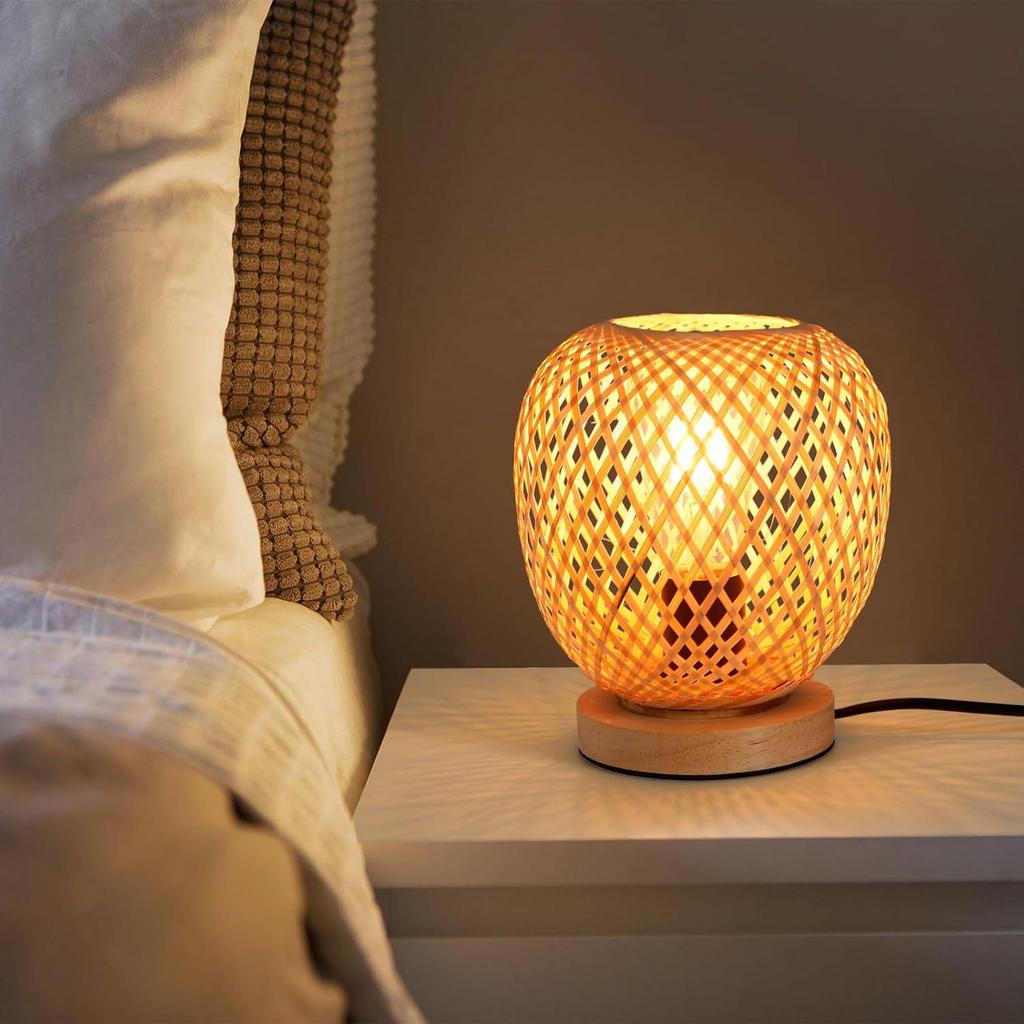 Bamboo and Rattan Farmhouse Style Table Lamp for Bedside, Office, Cafe, or Bar.